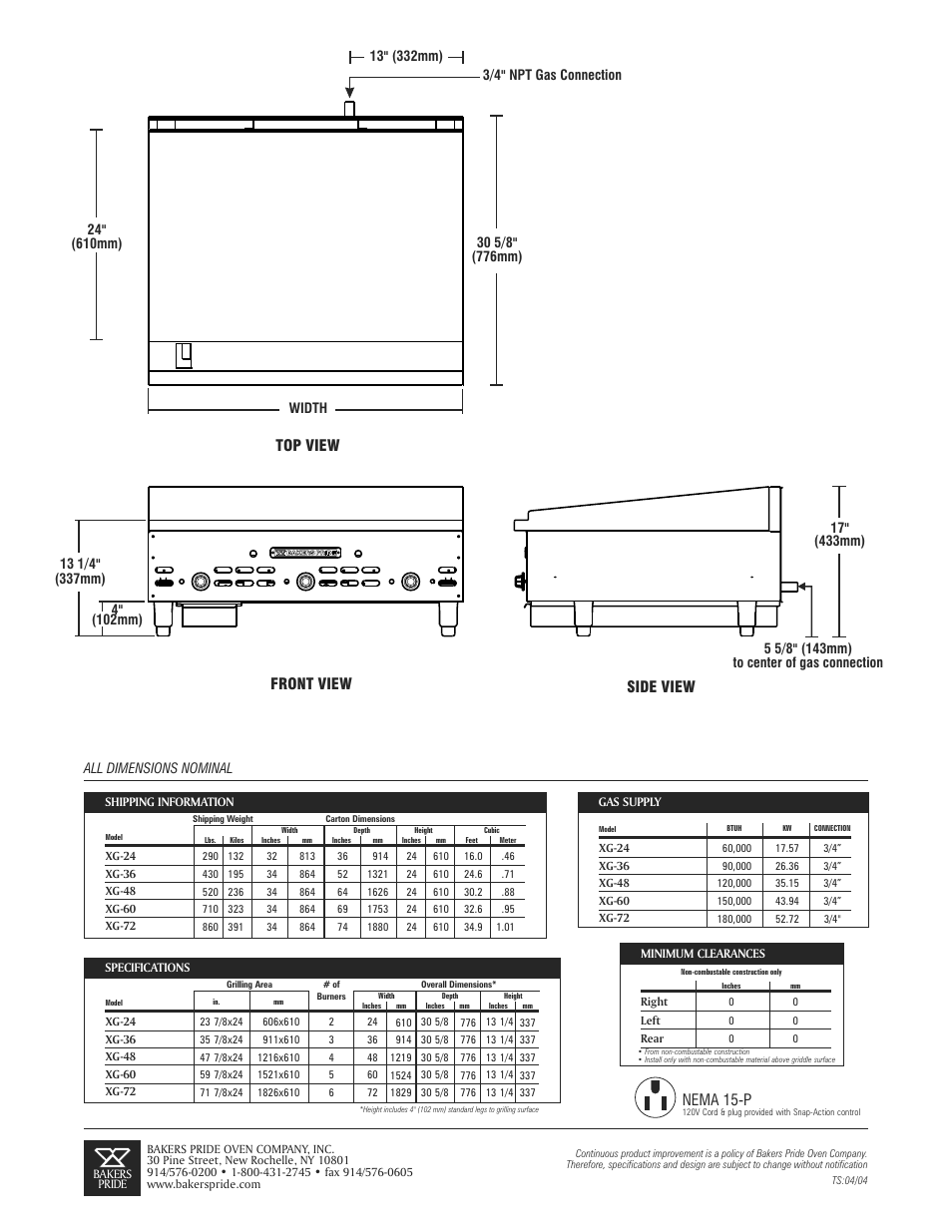 Front view top view nema 15-p side view, All dimensions nominal | Bakers Pride XSG-36 User Manual | Page 2 / 2