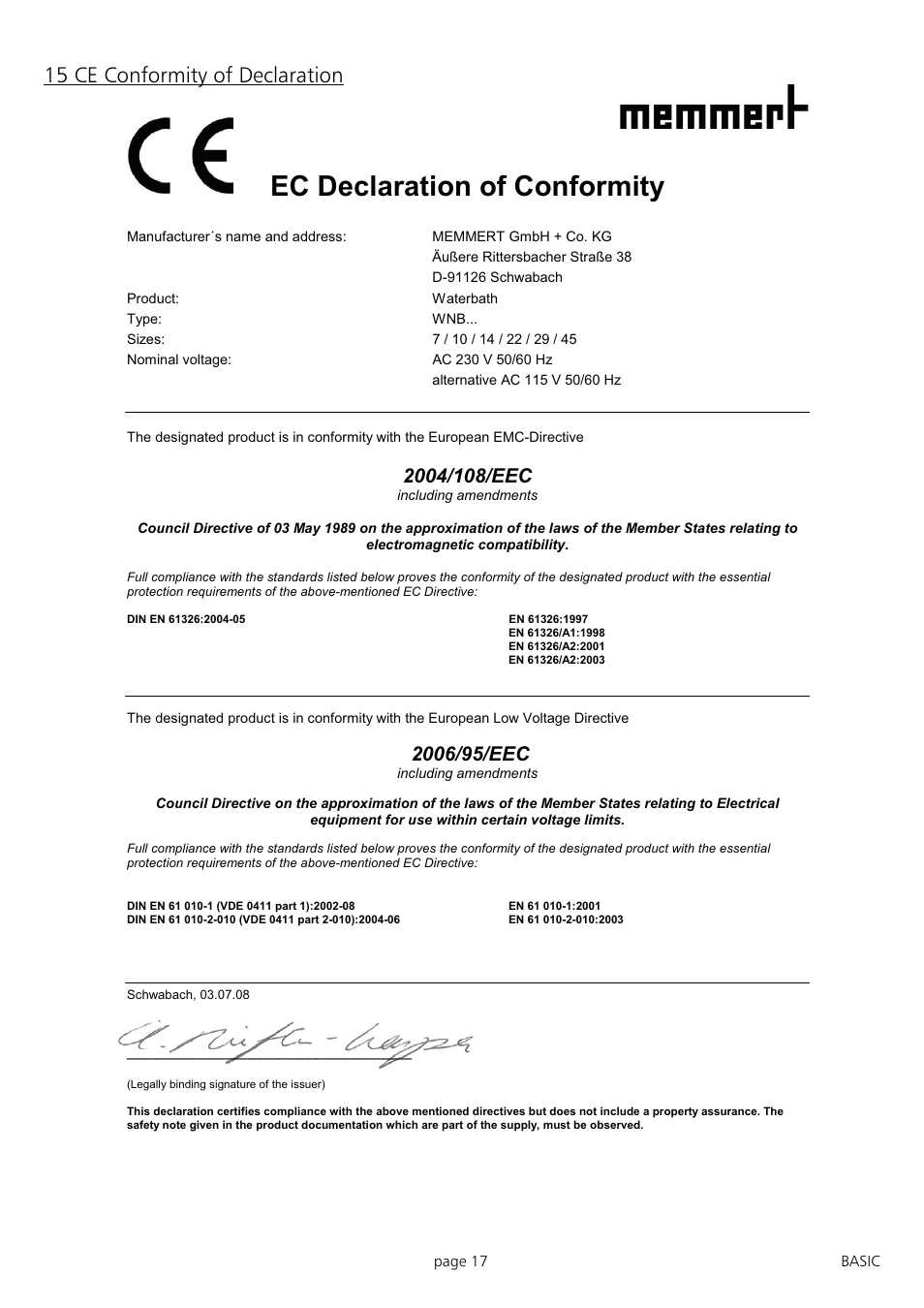 Ec declaration of conformity, 15 ce conformity of declaration | Memmert WNB 7 - 45 Waterbaths (Generation 2003) User Manual | Page 17 / 20