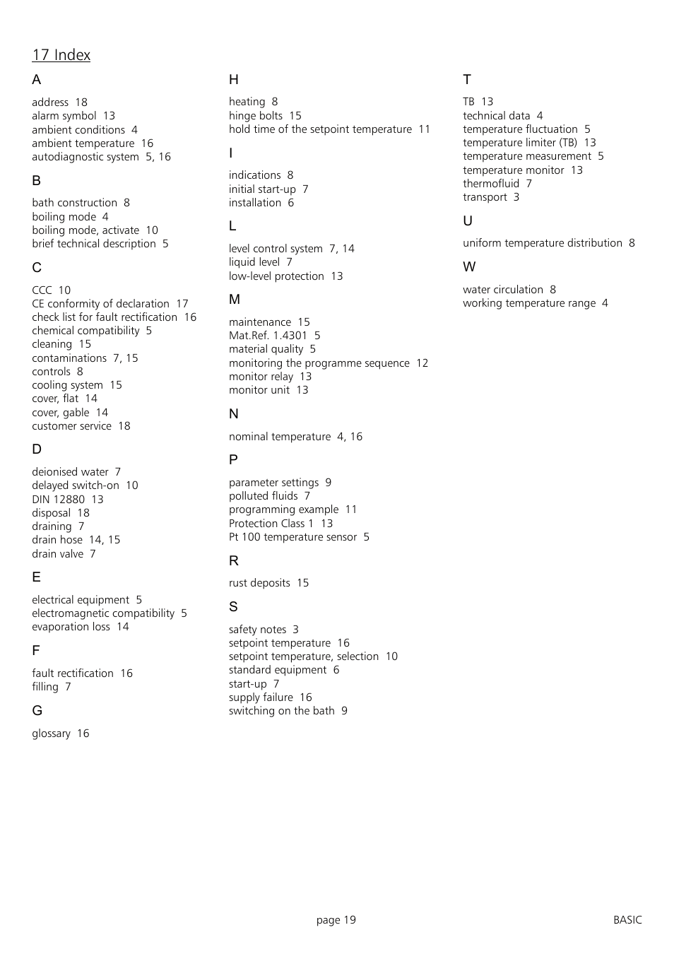 17 index | Memmert WNB 7 - 45 Waterbaths (Generation 2003) User Manual | Page 19 / 20