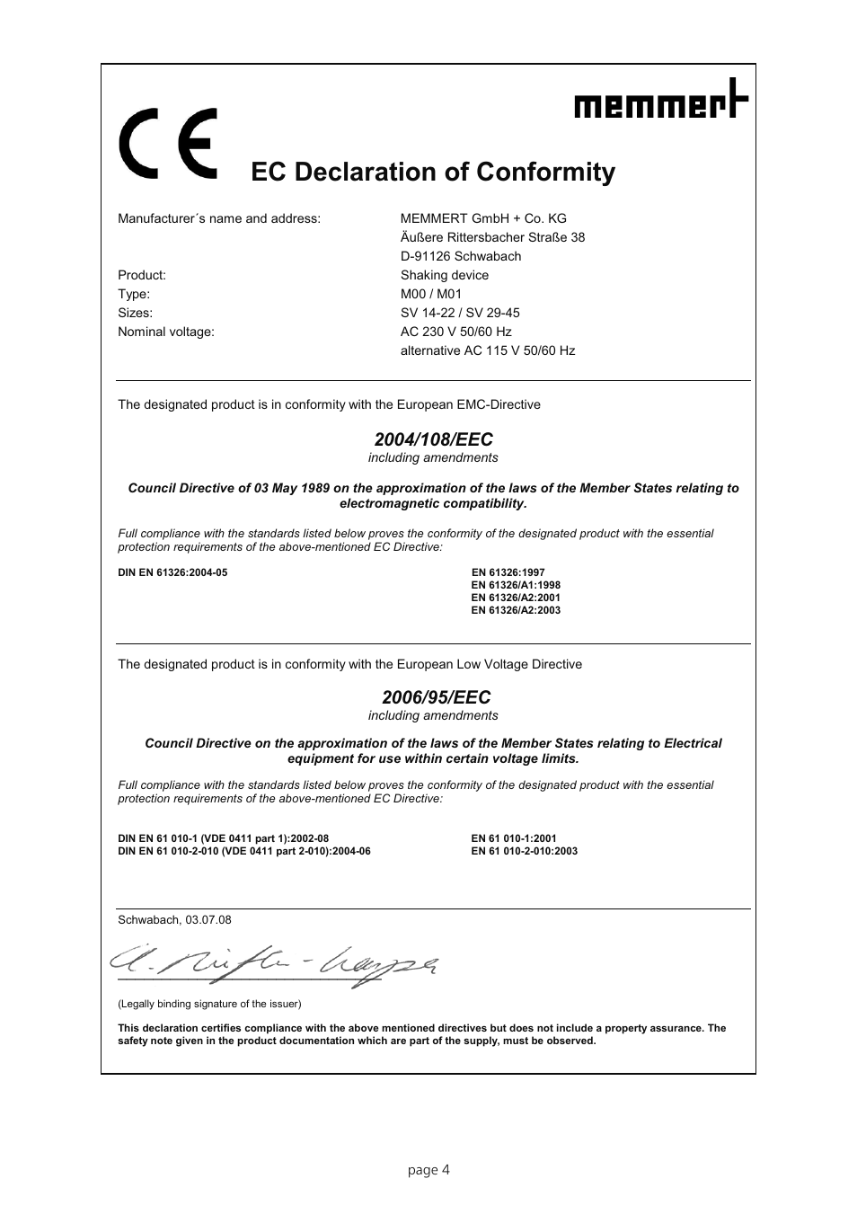 Ec declaration of conformity | Memmert SV 29 / 45 Shaking device (Generation 2003) User Manual | Page 4 / 8