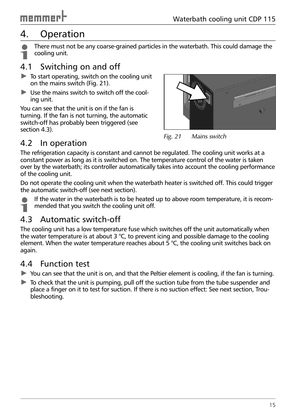 Operation, 1 switching on and off, 2 in operation | 3 automatic switch-off, 4 function test | Memmert CDP 115 Peltier cooling unit (Generation 2003) User Manual | Page 15 / 20