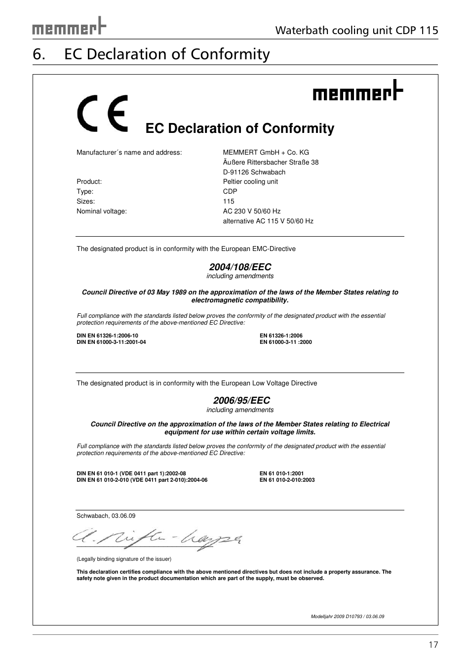 Ec declaration of conformity, Waterbath cooling unit cdp 115 | Memmert CDP 115 Peltier cooling unit (Generation 2003) User Manual | Page 17 / 20