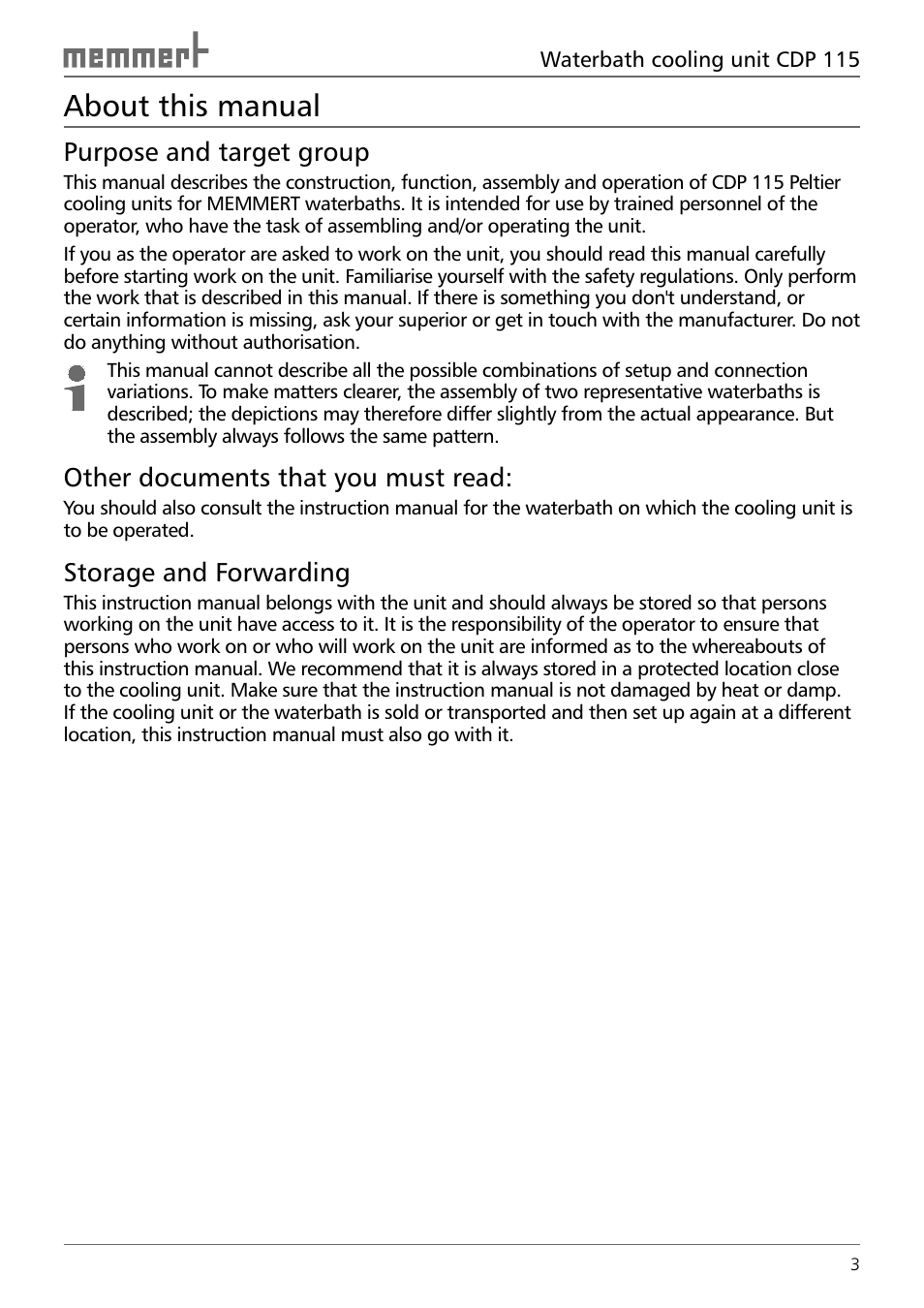 About this manual, Purpose and target group, Other documents that you must read | Storage and forwarding | Memmert CDP 115 Peltier cooling unit (Generation 2003) User Manual | Page 3 / 20