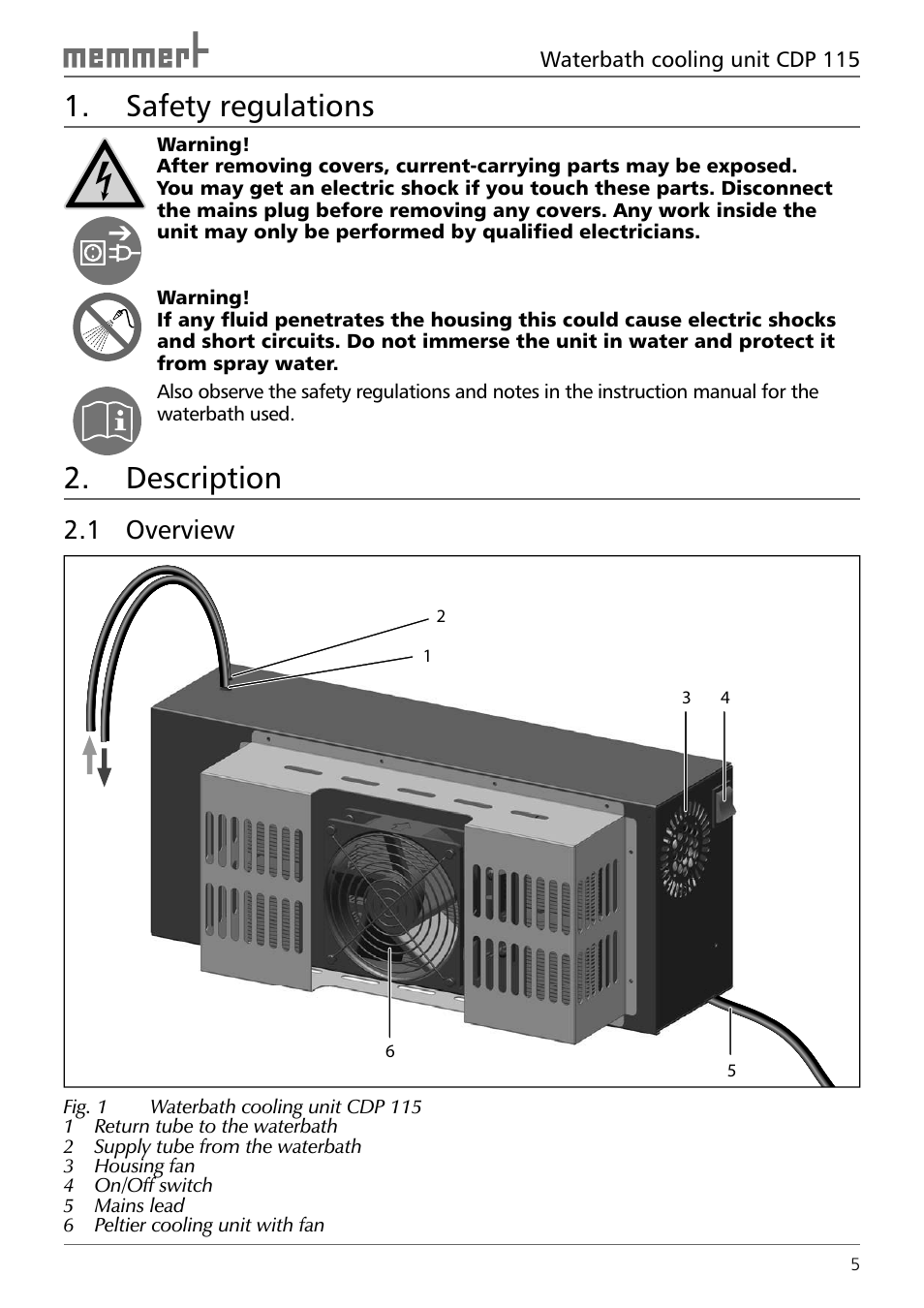 Safety regulations, Description, 1 overview | Memmert CDP 115 Peltier cooling unit (Generation 2003) User Manual | Page 5 / 20