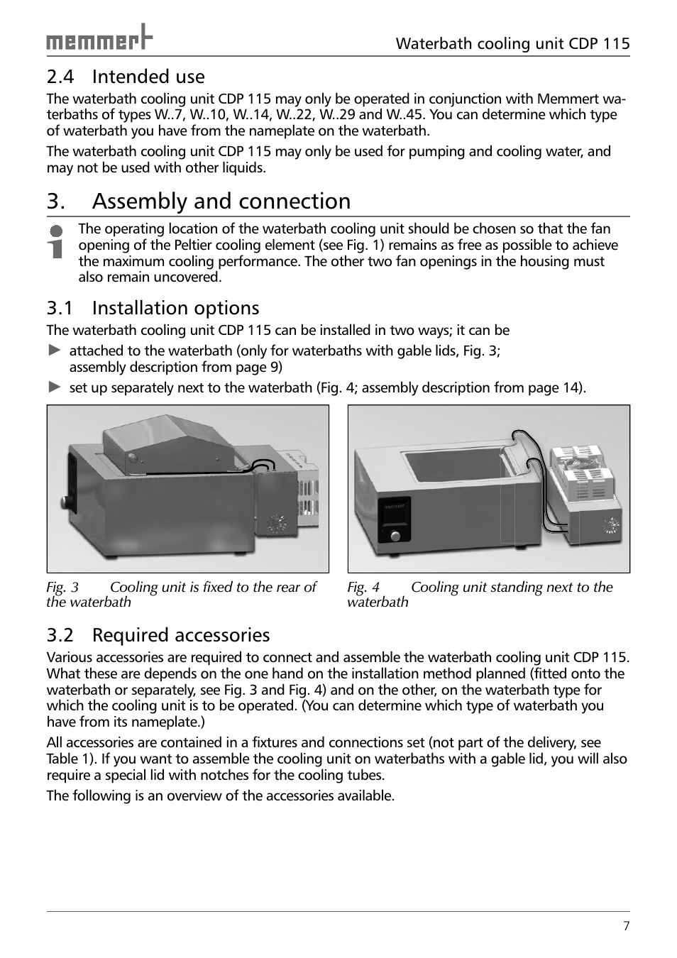 Assembly and connection, 4 intended use, 1 installation options | 2 required accessories | Memmert CDP 115 Peltier cooling unit (Generation 2003) User Manual | Page 7 / 20