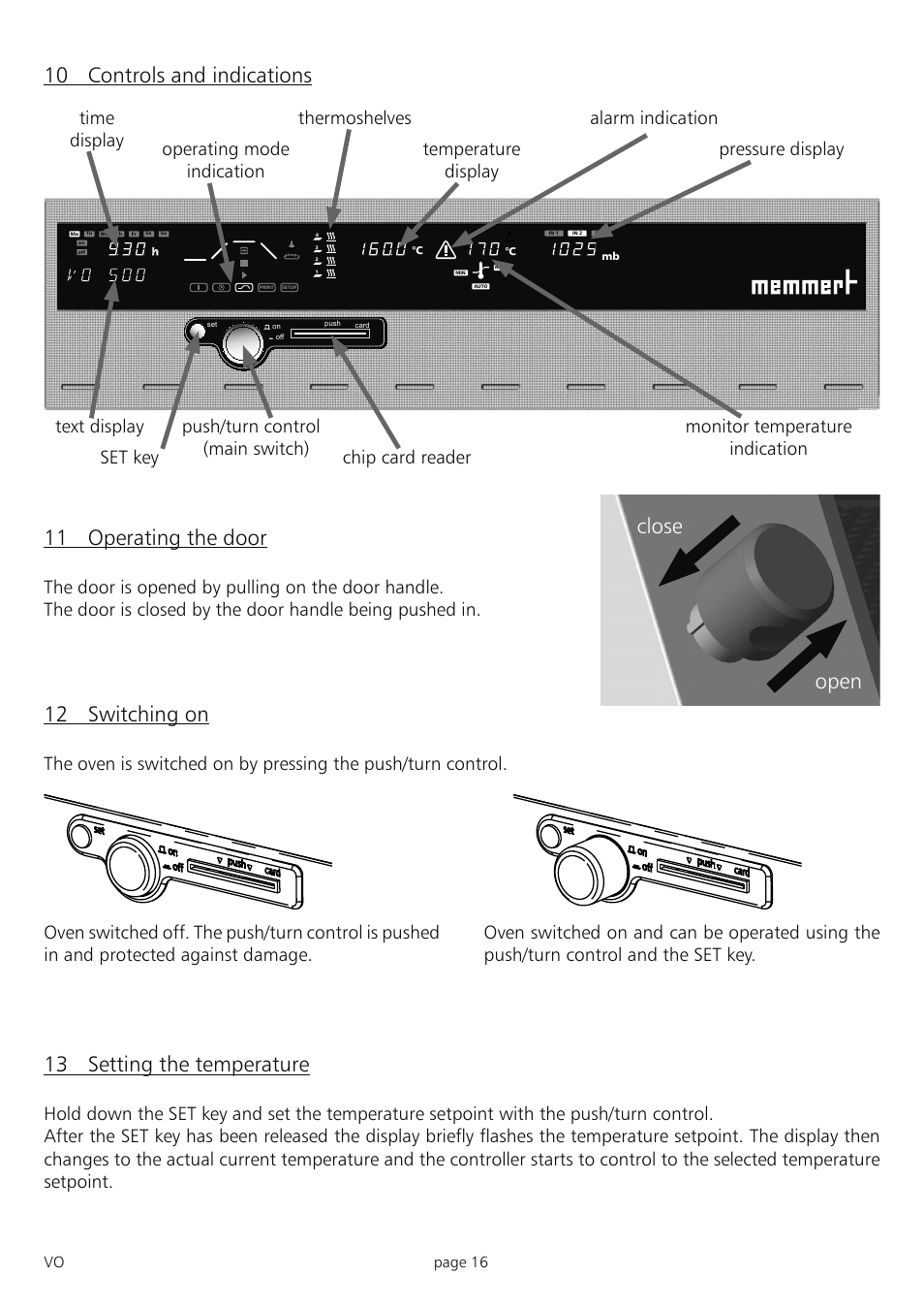 10 controls and indications 12 switching on, 13 setting the temperature, Open close 11 operating the door | Open close, Page 16 | Memmert PM 200/400/500 Pump Module (Generation 2003) User Manual | Page 16 / 56