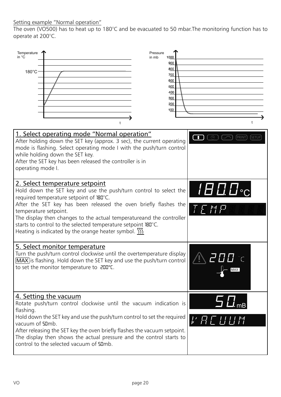 Select operating mode “normal operation, Select temperature setpoint, Select monitor temperature | Setting the vacuum | Memmert PM 200/400/500 Pump Module (Generation 2003) User Manual | Page 20 / 56