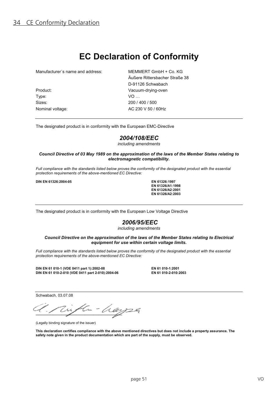 Muster, Ec declaration of conformity | Memmert PM 200/400/500 Pump Module (Generation 2003) User Manual | Page 51 / 56