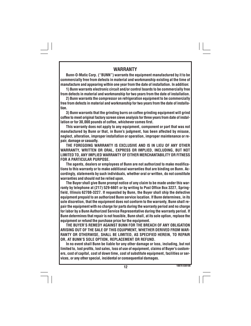 Warranty | Bunn A-10 User Manual | Page 12 / 12