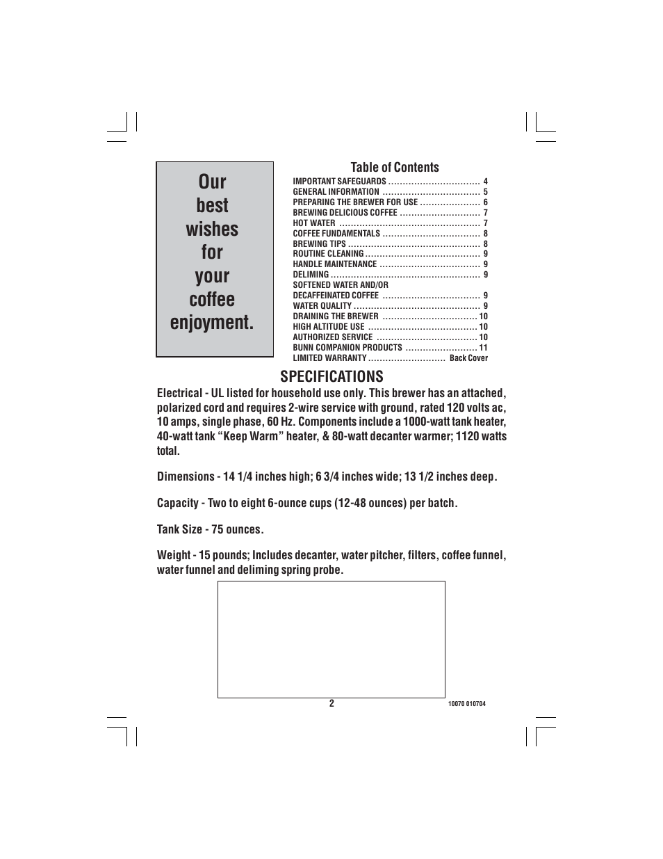 Our best wishes for your coffee enjoyment | Bunn A-10 User Manual | Page 2 / 12