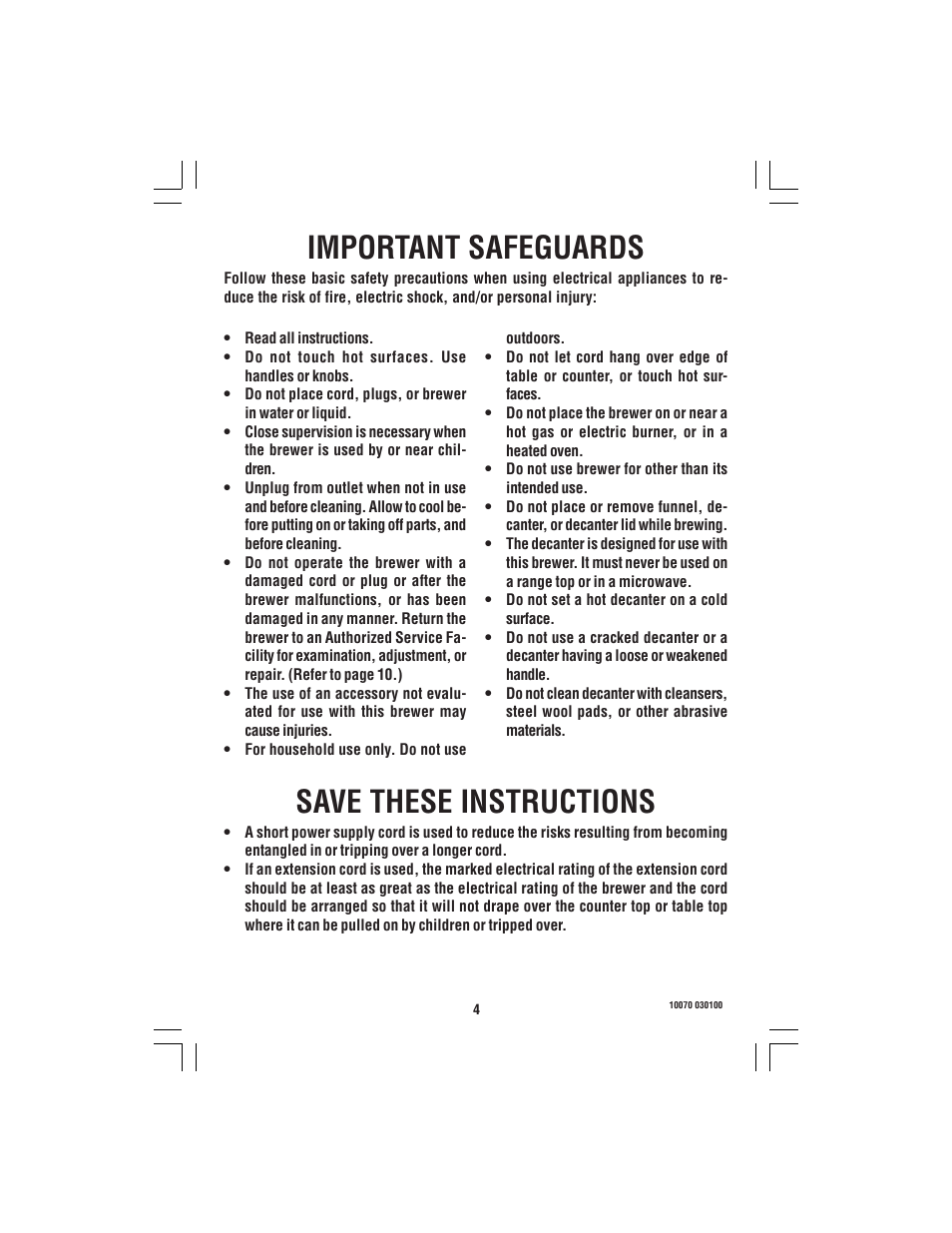 Important safeguards, Save these instructions | Bunn A-10 User Manual | Page 4 / 12