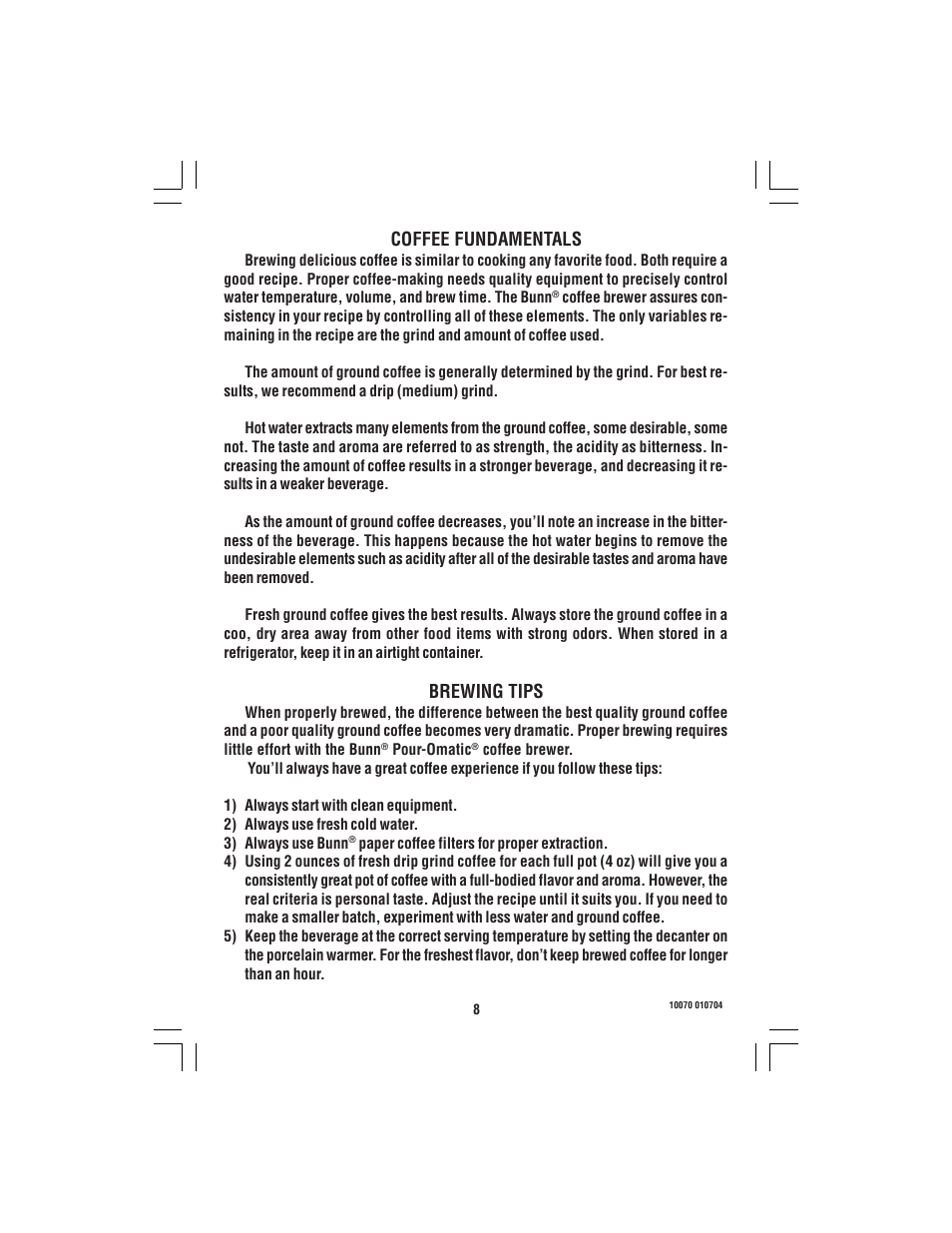 Coffee fundamentals, Brewing tips | Bunn A-10 User Manual | Page 8 / 12