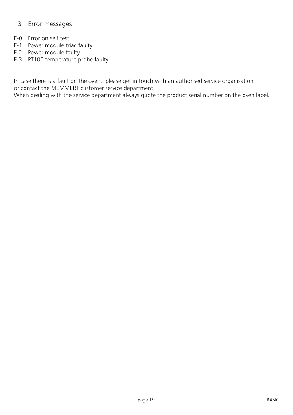 13 error messages | Memmert INB 200 - 500 Incubators (Generation 2003) User Manual | Page 19 / 28