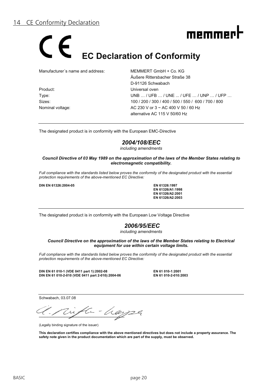 Ec declaration of conformity, 14 ce conformity declaration | Memmert INB 200 - 500 Incubators (Generation 2003) User Manual | Page 20 / 28