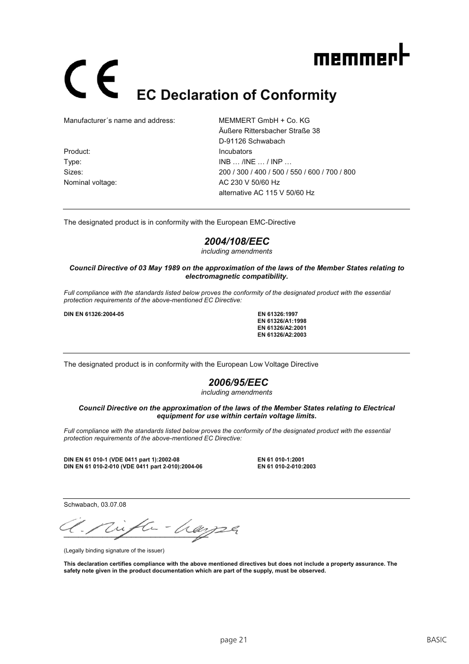 Ec declaration of conformity | Memmert INB 200 - 500 Incubators (Generation 2003) User Manual | Page 21 / 28