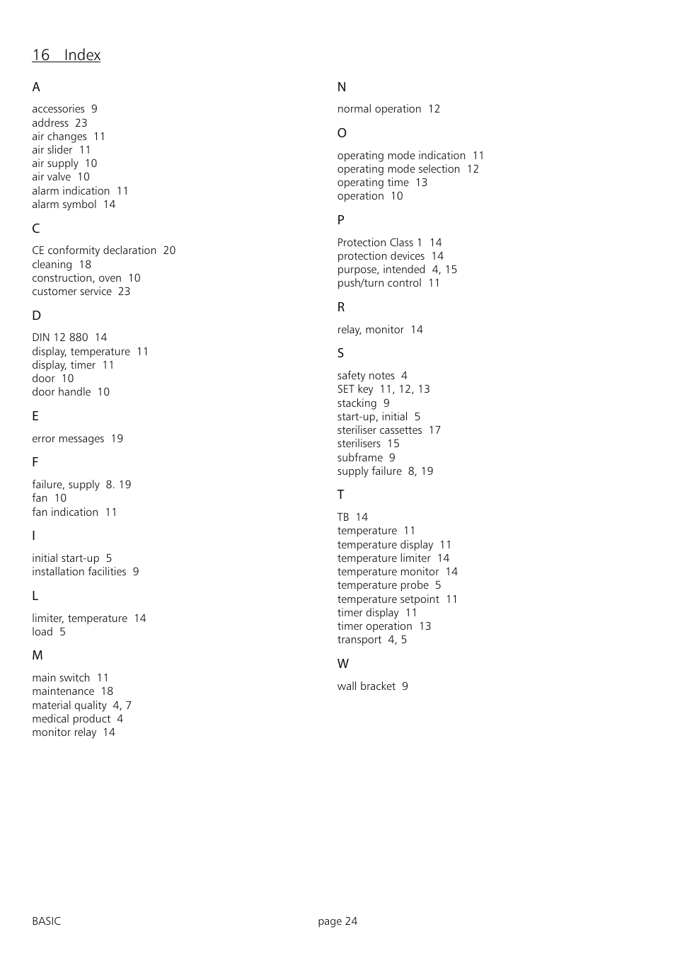 16 index | Memmert INB 200 - 500 Incubators (Generation 2003) User Manual | Page 24 / 28