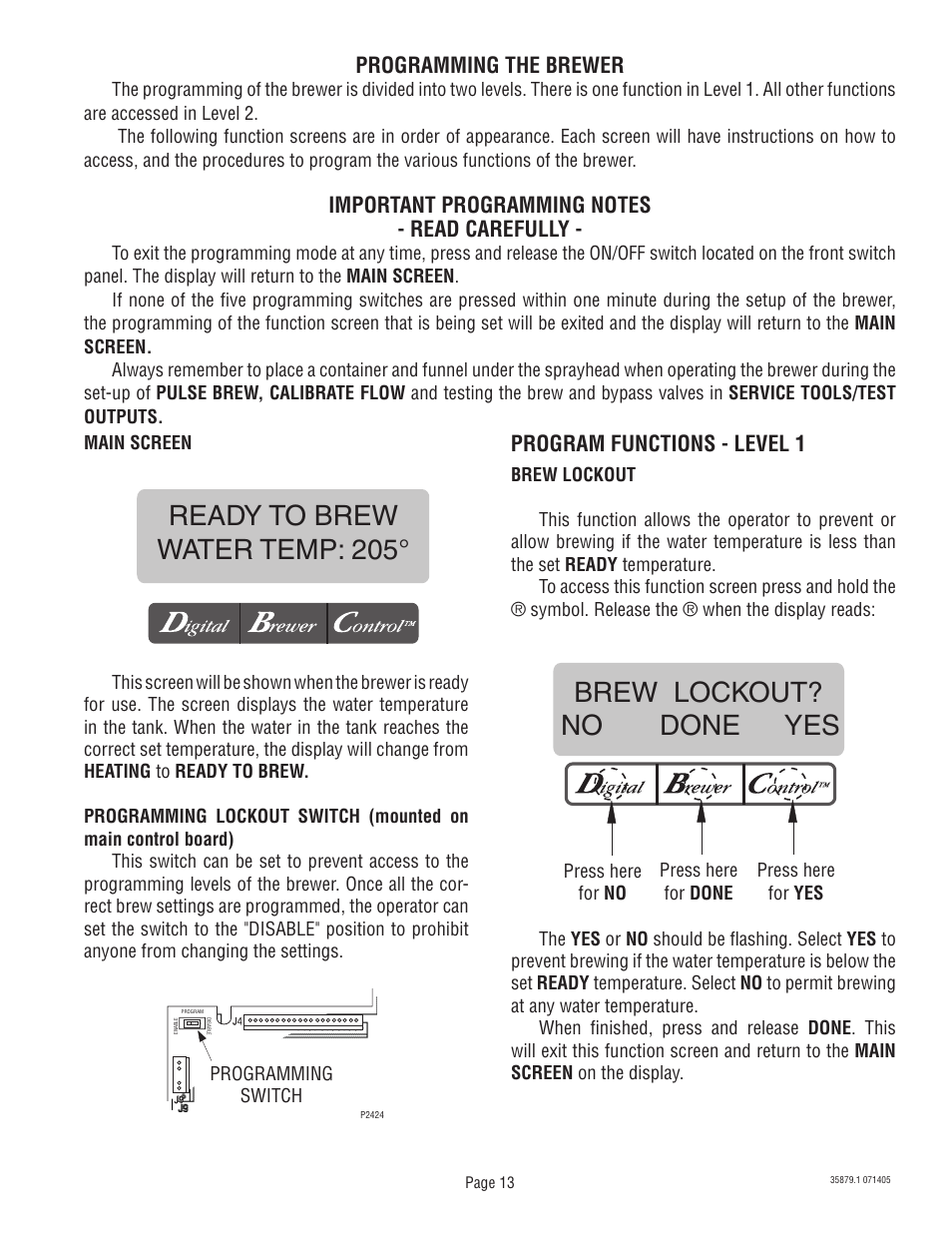 Ready to brew water temp: 205, Brew lockout? no done yes | Bunn W/SMART FUNNEL S/N SNG0033000 & UP User Manual | Page 13 / 54