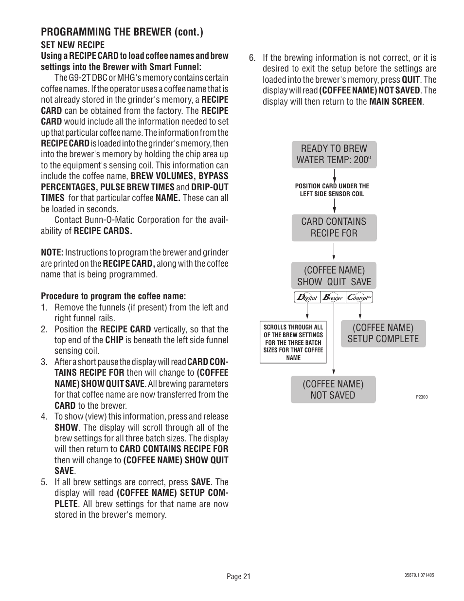 Programming the brewer (cont.) | Bunn W/SMART FUNNEL S/N SNG0033000 & UP User Manual | Page 21 / 54