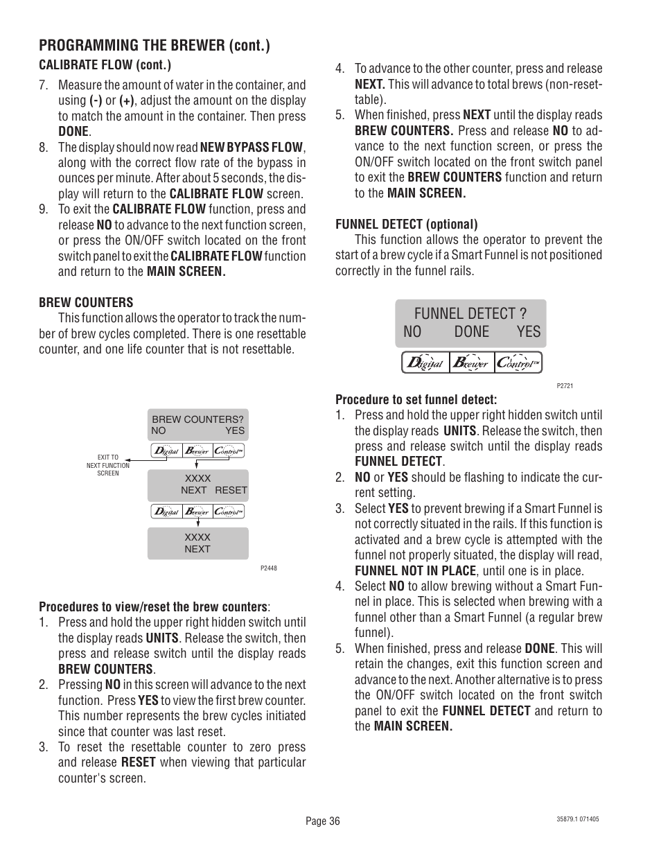 Programming the brewer (cont.), Funnel detect ? no done yes | Bunn W/SMART FUNNEL S/N SNG0033000 & UP User Manual | Page 36 / 54