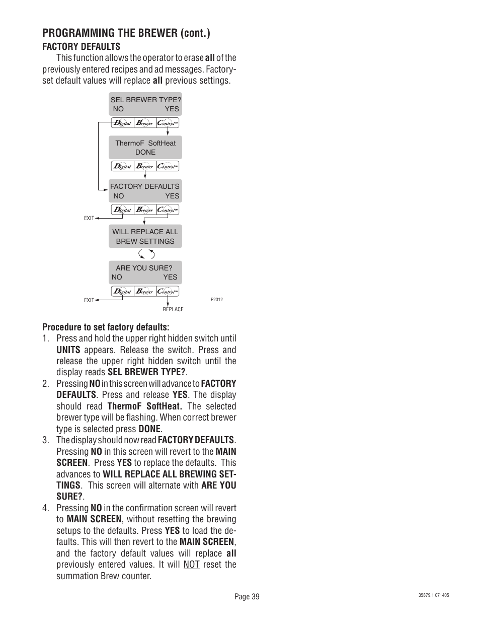Programming the brewer (cont.) | Bunn W/SMART FUNNEL S/N SNG0033000 & UP User Manual | Page 39 / 54