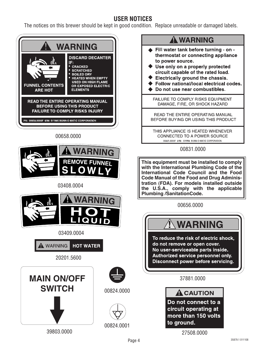 Main on/off switch | Bunn W/SMART FUNNEL S/N SNG0033000 & UP User Manual | Page 4 / 54