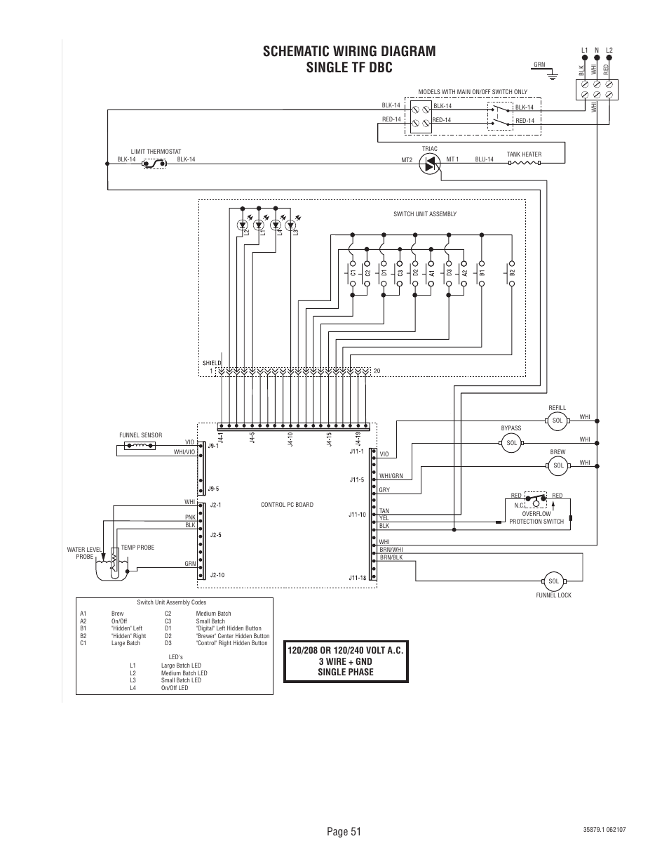 Schematic wiring diagram single tf dbc, Page 51 | Bunn W/SMART FUNNEL S/N SNG0033000 & UP User Manual | Page 51 / 54