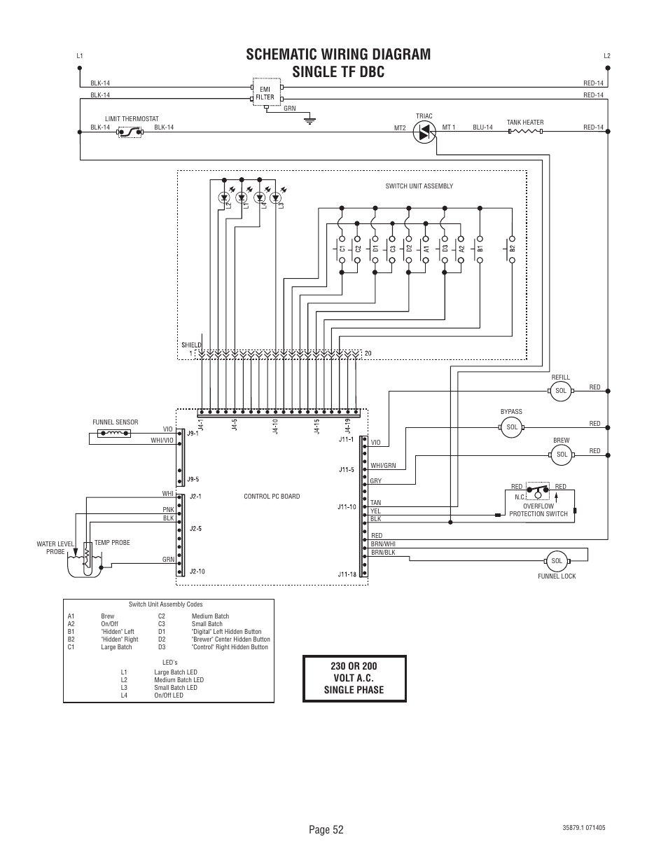 Schematic wiring diagram single tf dbc, Page 52 | Bunn W/SMART FUNNEL S/N SNG0033000 & UP User Manual | Page 52 / 54