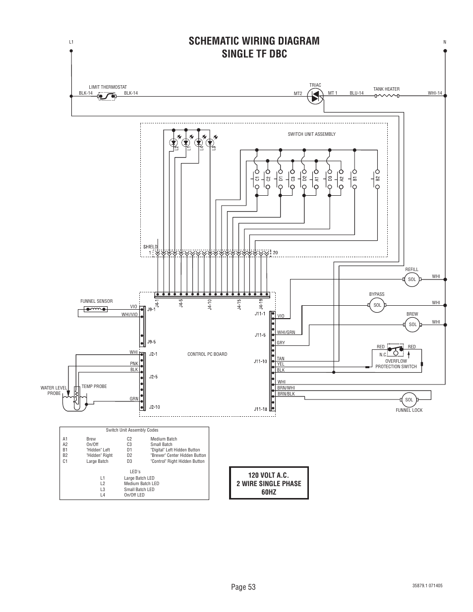 Schematic wiring diagram single tf dbc, Page 53 | Bunn W/SMART FUNNEL S/N SNG0033000 & UP User Manual | Page 53 / 54