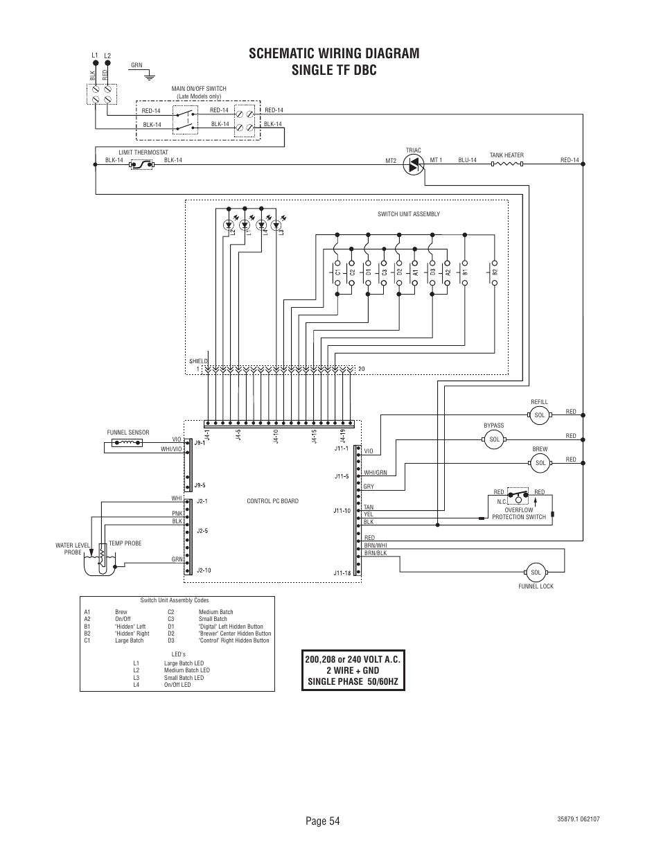 Schematic wiring diagram single tf dbc, Page 54 | Bunn W/SMART FUNNEL S/N SNG0033000 & UP User Manual | Page 54 / 54