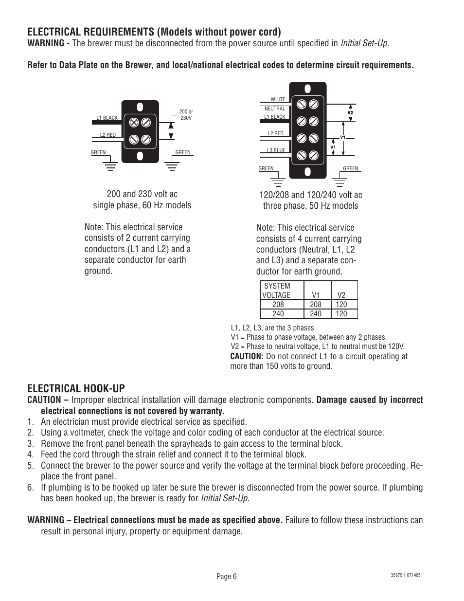 Electrical hook-up | Bunn W/SMART FUNNEL S/N SNG0033000 & UP User Manual | Page 6 / 54