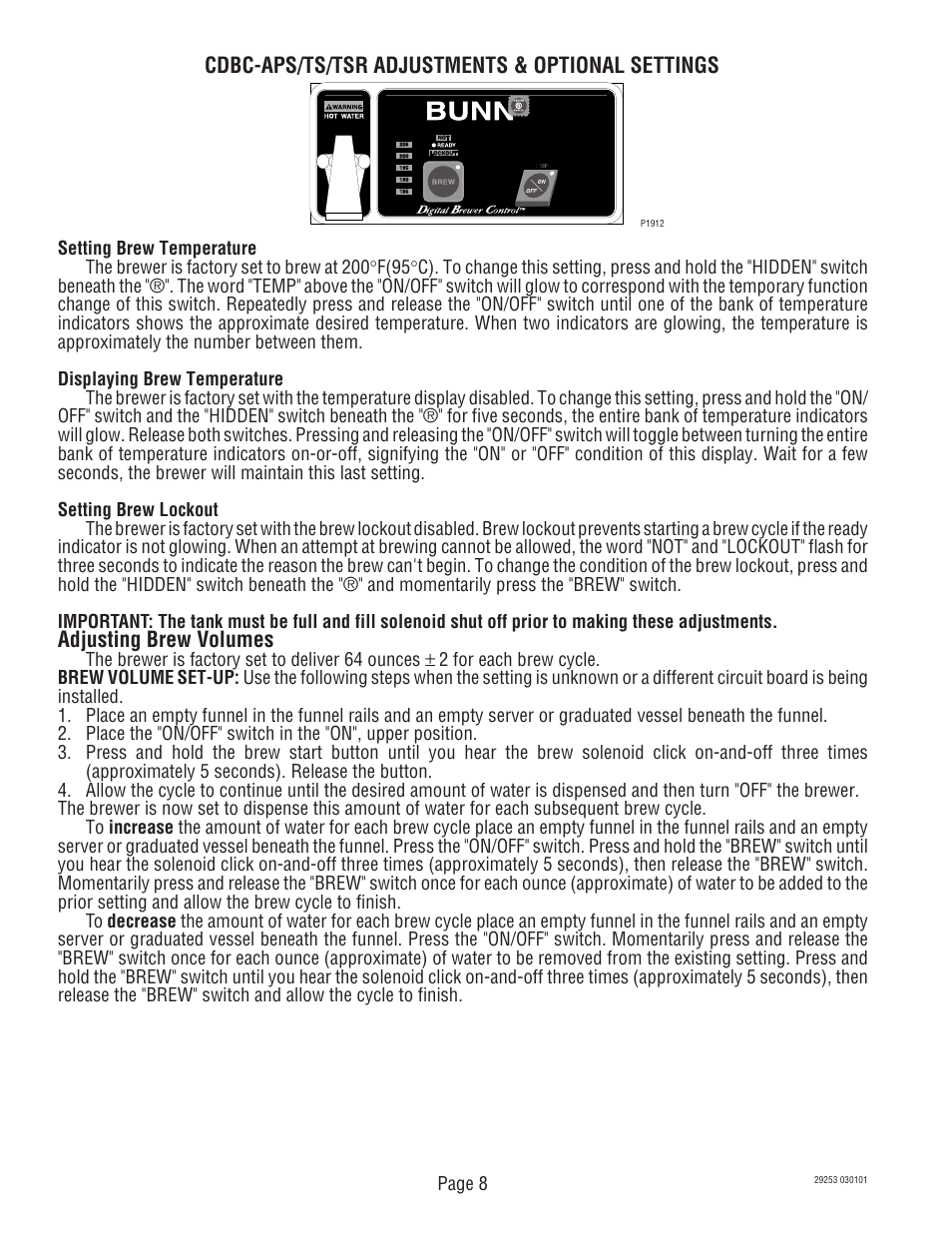 Cdbc-aps/ts/tsr adjustments & optional settings, Adjusting brew volumes | Bunn CDBC-TS User Manual | Page 8 / 32