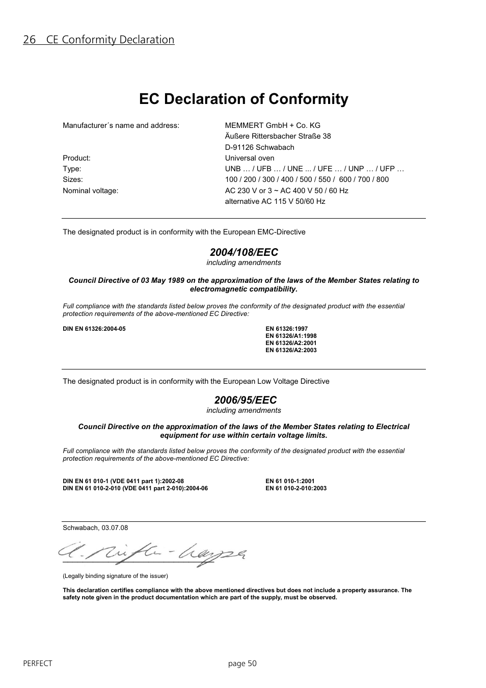 Ec declaration of conformity, 26 ce conformity declaration | Memmert IFP 400 - 800 Incubators (Generation 2003) User Manual | Page 50 / 56