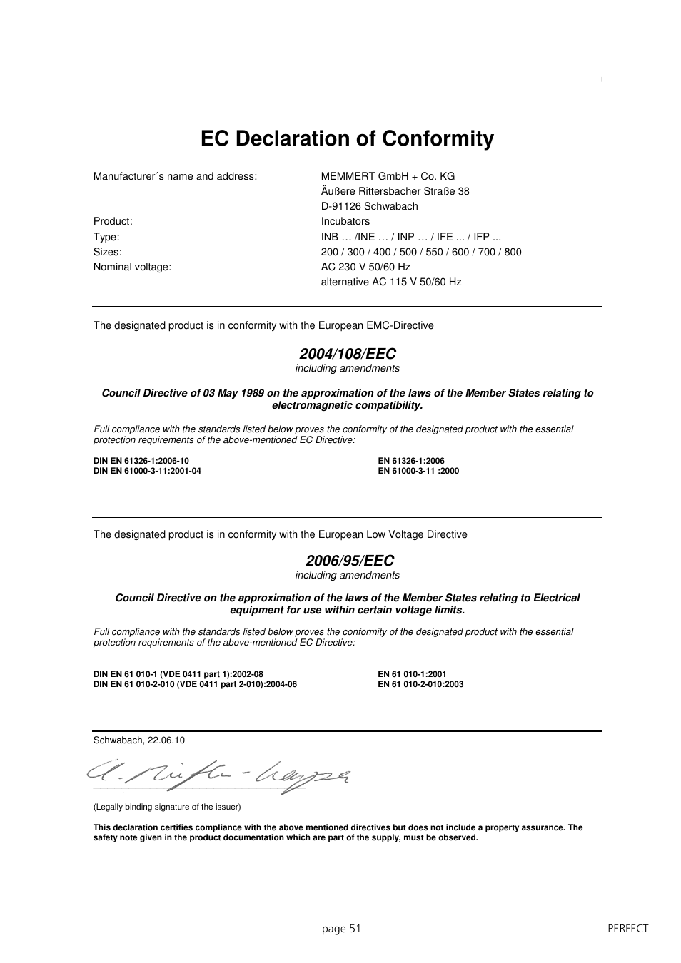 Muster, Ec declaration of conformity | Memmert IFP 400 - 800 Incubators (Generation 2003) User Manual | Page 51 / 56