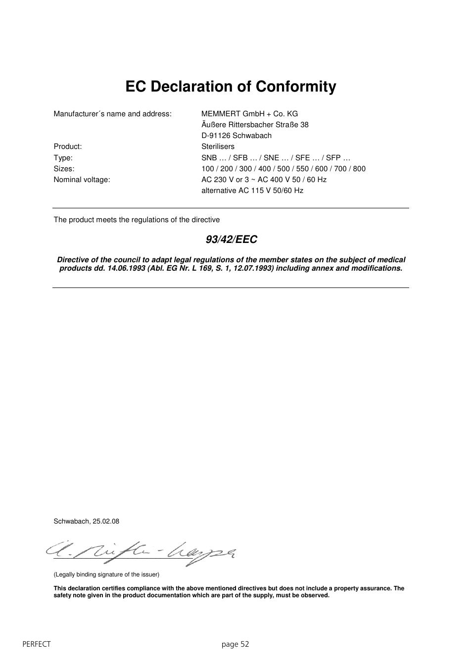 Ec declaration of conformity, 93/42/eec | Memmert IFP 400 - 800 Incubators (Generation 2003) User Manual | Page 52 / 56
