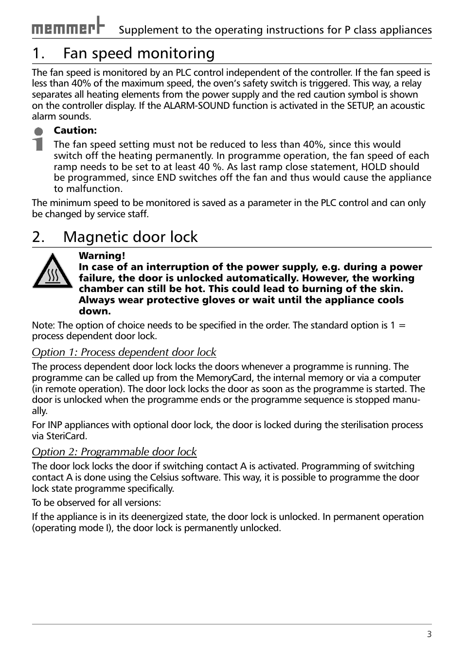 Fan speed monitoring, Magnetic door lock | Memmert P class appliances with additional accessories User Manual | Page 3 / 4
