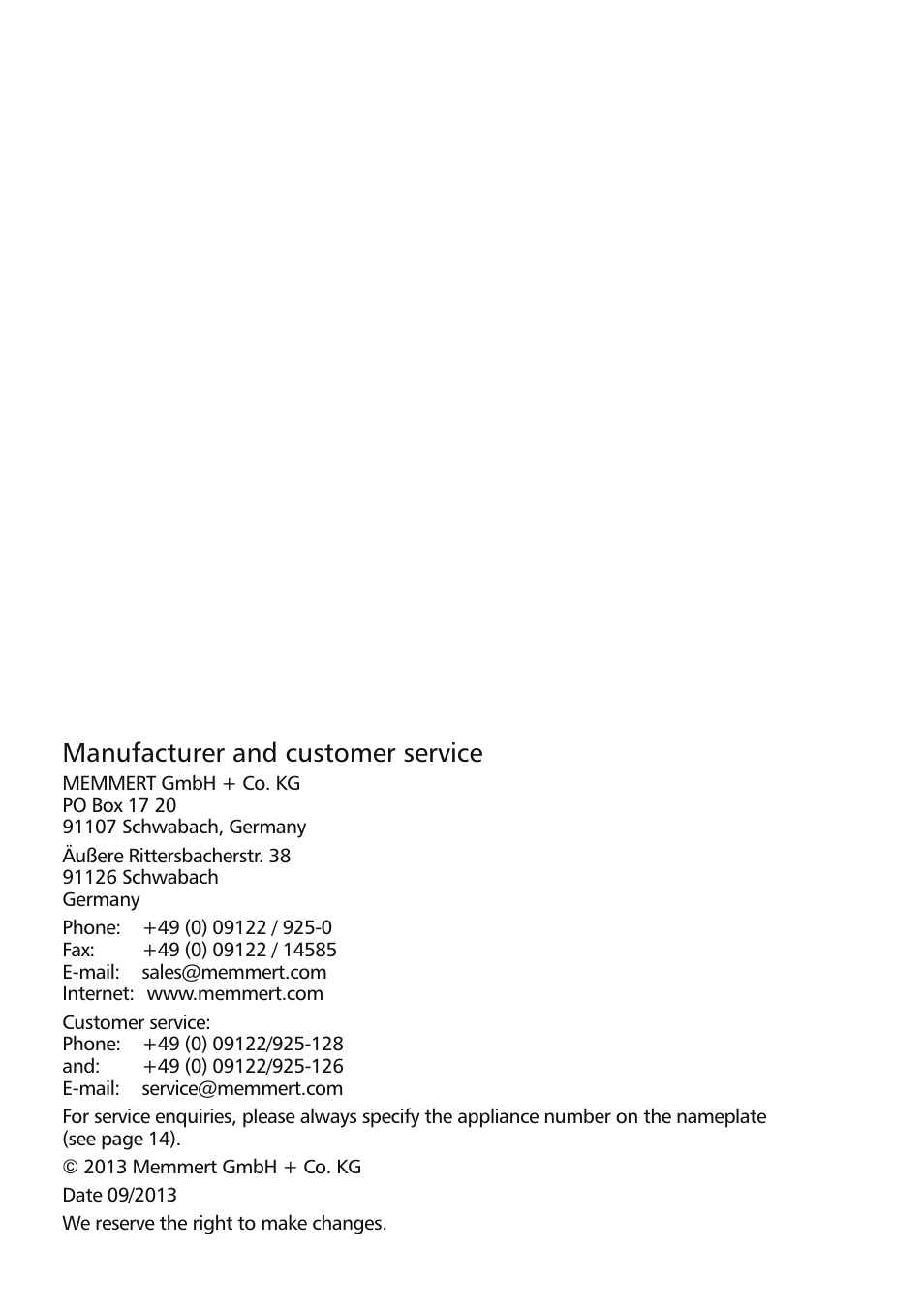 Manufacturer and customer service | Memmert UFP 600 TS/800 TS SUPPLEMENT User Manual | Page 2 / 8