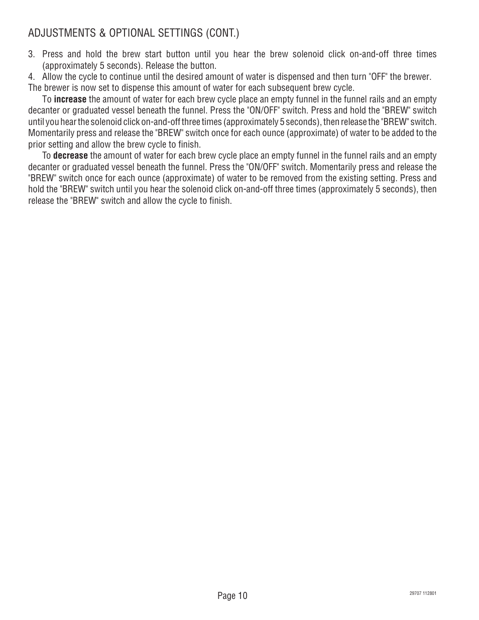 Adjustments & optional settings (cont.) | Bunn CDBC-APS DV User Manual | Page 10 / 37