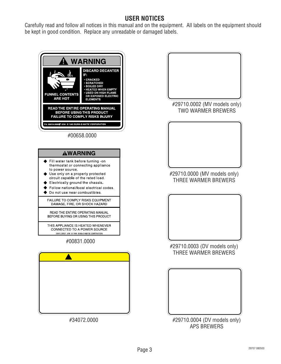 User notices, Caution | Bunn CDBC-APS DV User Manual | Page 3 / 37