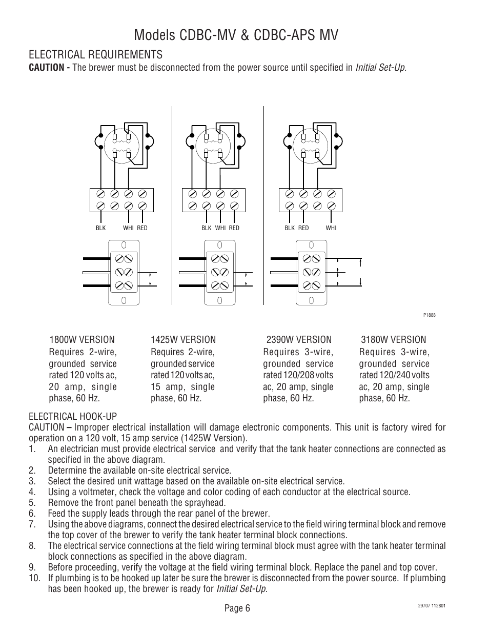 Models cdbc-mv & cdbc-aps mv, Electrical requirements, Field wiring terminal block diagram | Initial set-up, Page 6 | Bunn CDBC-APS DV User Manual | Page 6 / 37