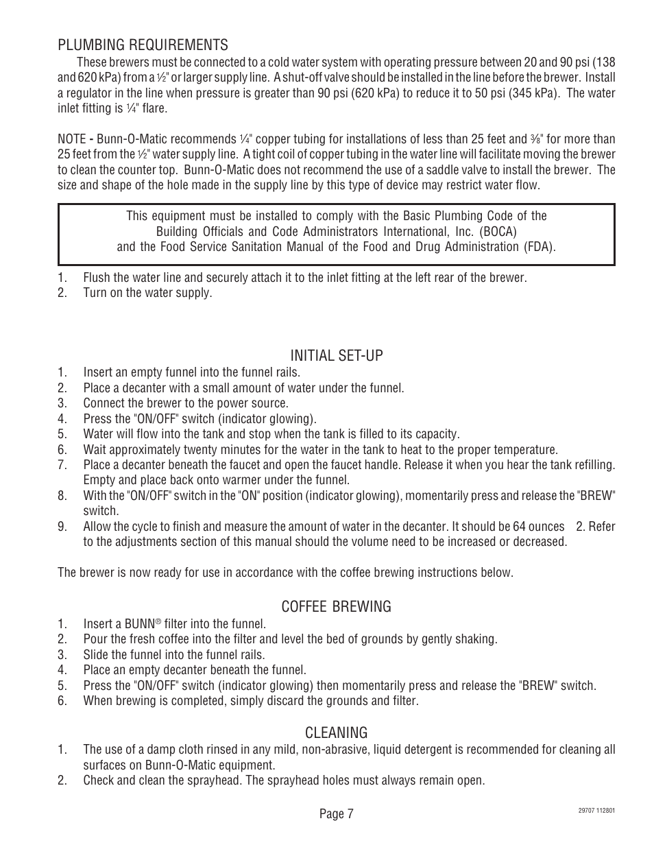 Initial set-up, Coffee brewing, Cleaning | Plumbing requirements | Bunn CDBC-APS DV User Manual | Page 7 / 37