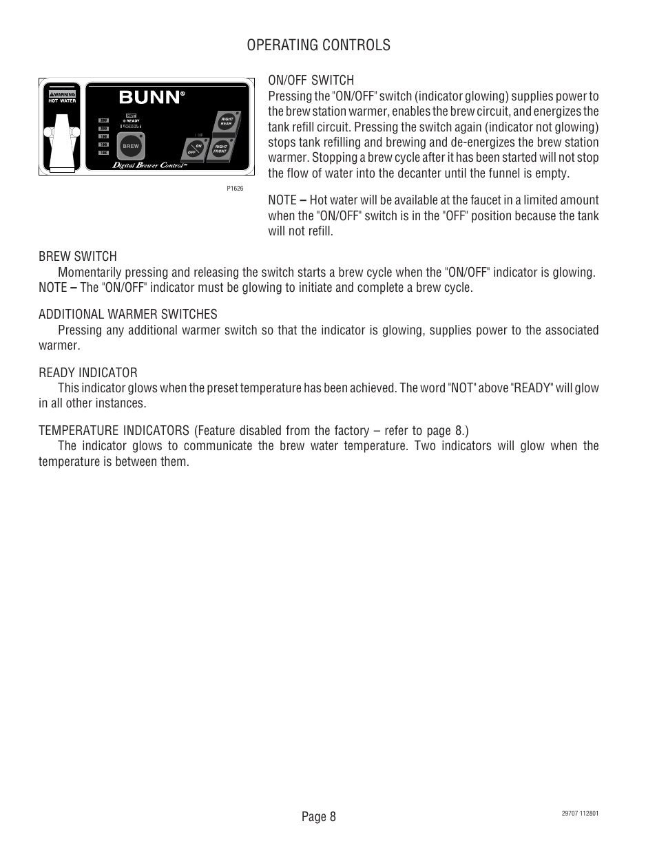 Operating controls | Bunn CDBC-APS DV User Manual | Page 8 / 37