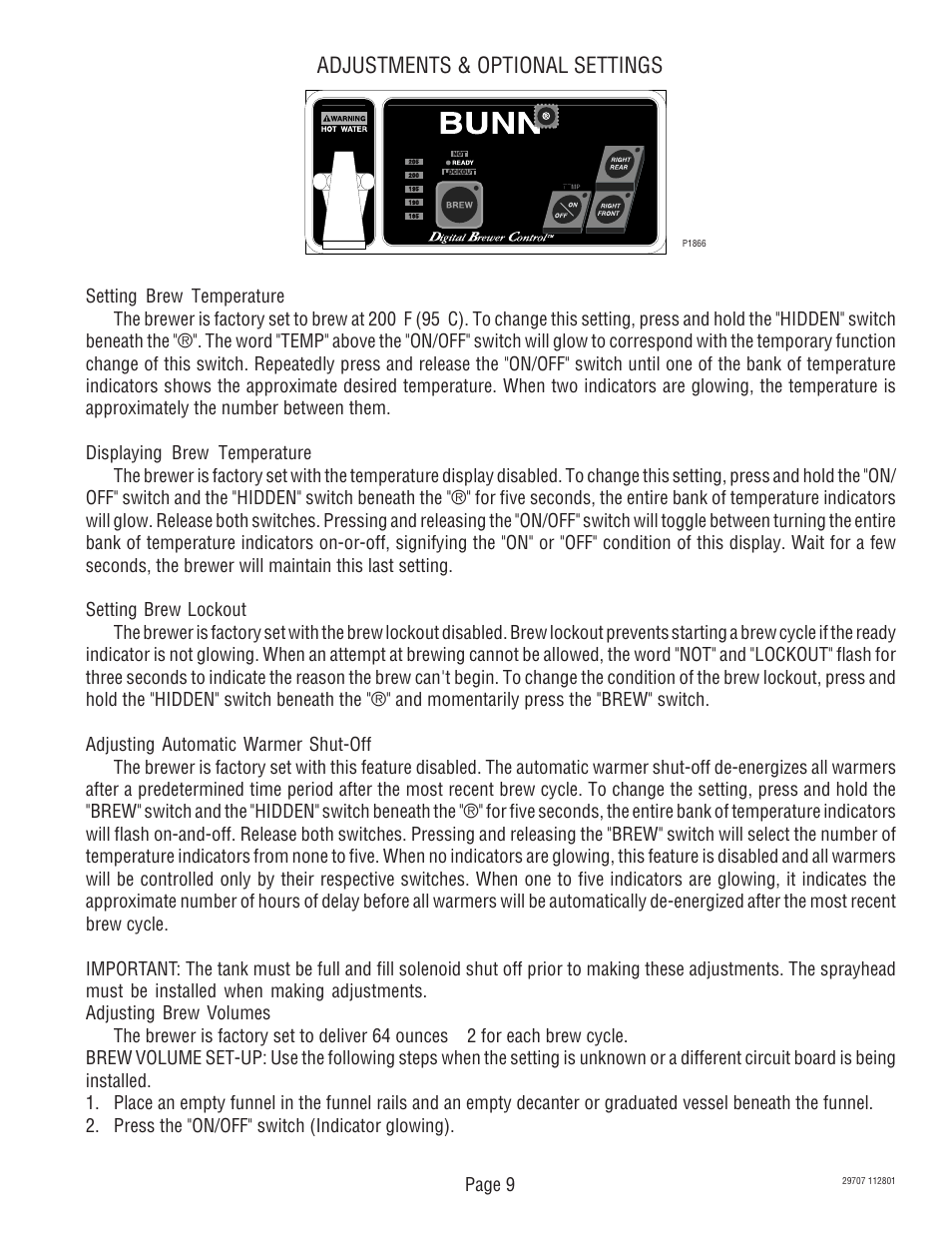 Adjustments & optional settings | Bunn CDBC-APS DV User Manual | Page 9 / 37