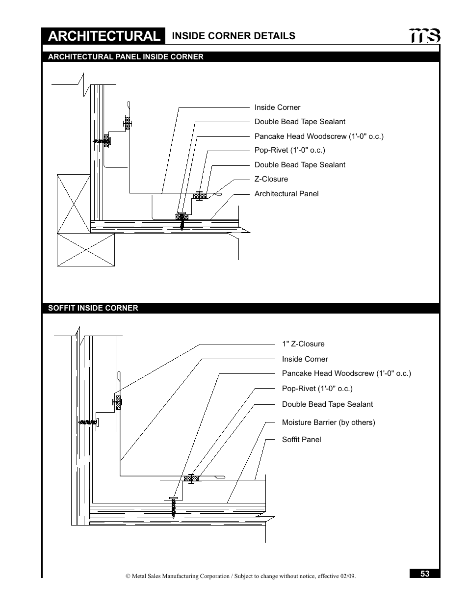 Architectural, Inside corner details | Metal Sales Soffit Panel User Manual | Page 54 / 66