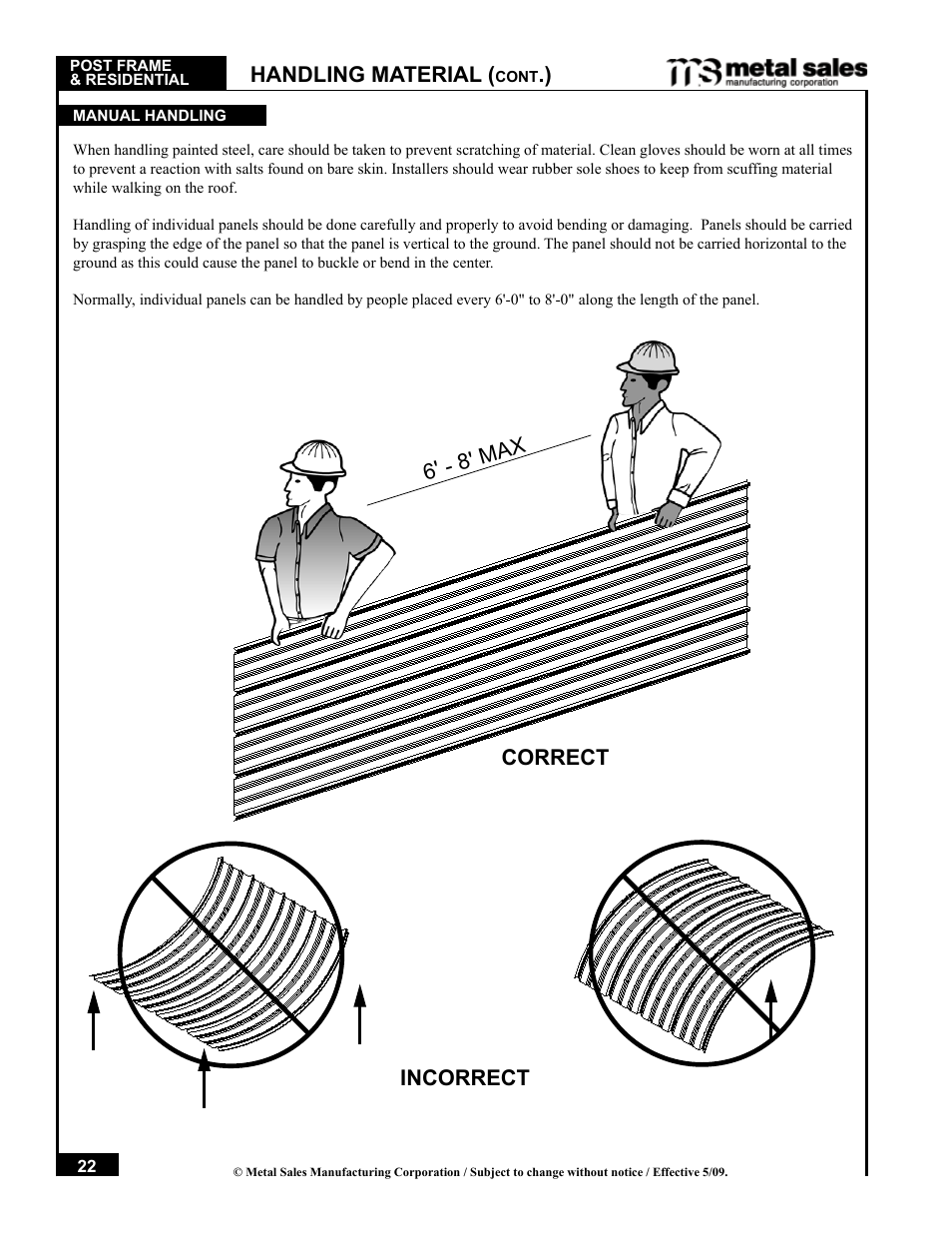 Incorrect, Correct 6' - 8' max handling material | Metal Sales Pro-Panel II Installation User Manual | Page 23 / 45