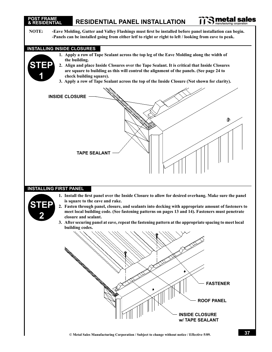 Step 1 step 2, Residential panel installation | Metal Sales Pro-Panel II Installation User Manual | Page 38 / 45