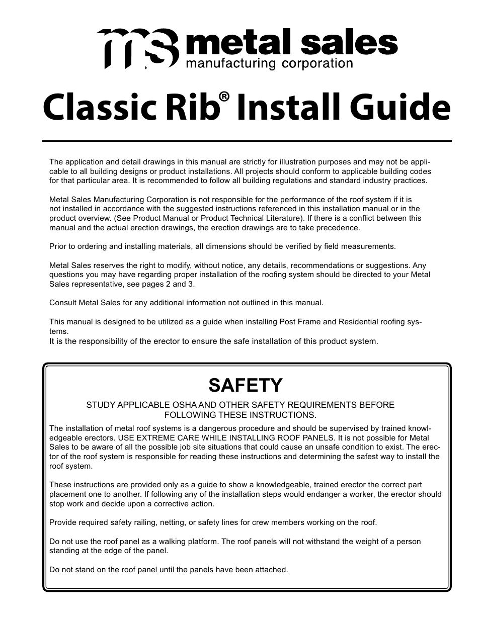 Metal Sales Classic Rib Installation User Manual | 37 pages