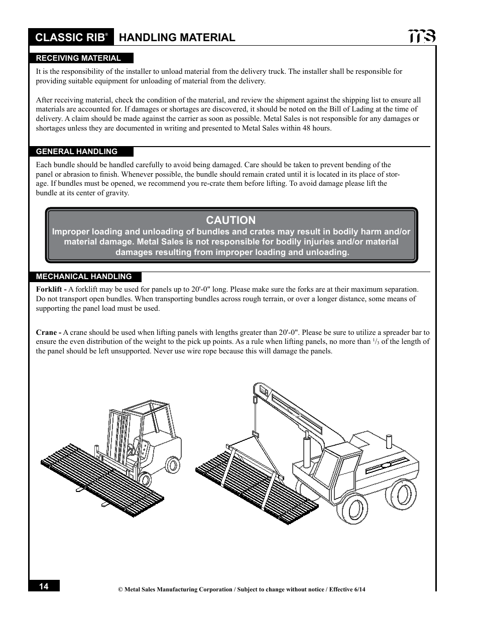 Classic rib, Handling material, Caution | Metal Sales Classic Rib Installation User Manual | Page 14 / 37