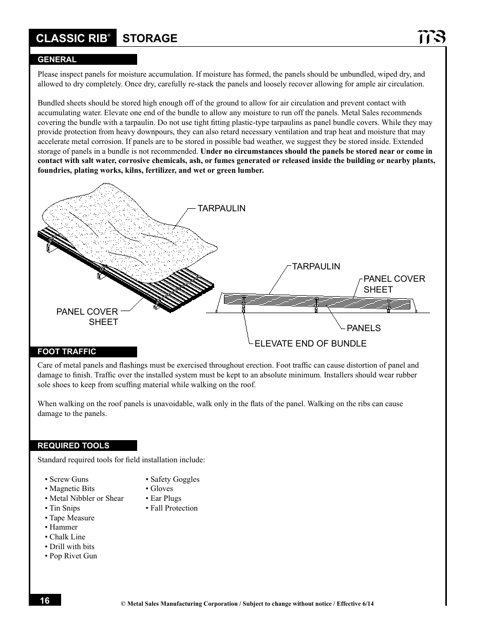 Classic rib, Storage | Metal Sales Classic Rib Installation User Manual | Page 16 / 37