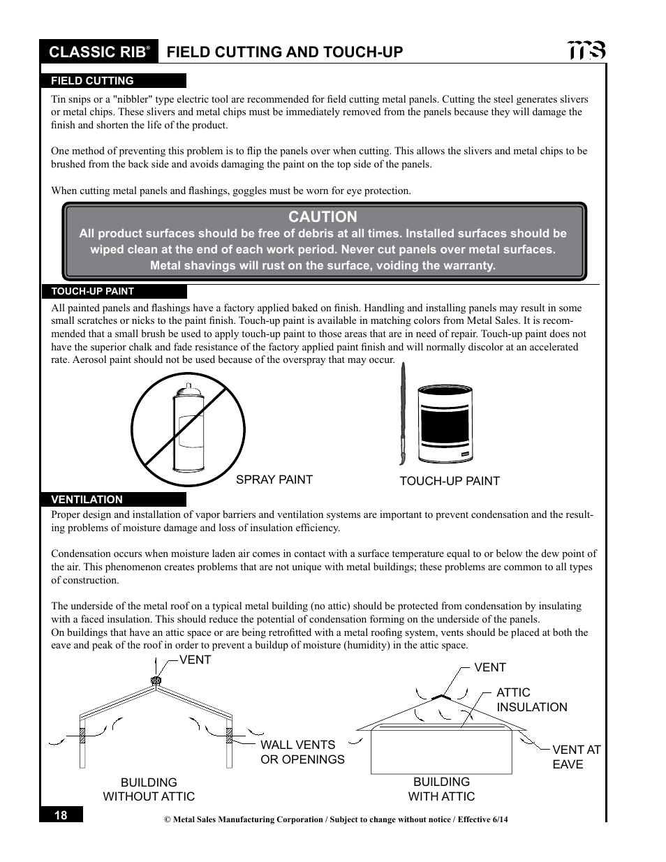 Classic rib, Caution, Field cutting and touch-up | Metal Sales Classic Rib Installation User Manual | Page 18 / 37