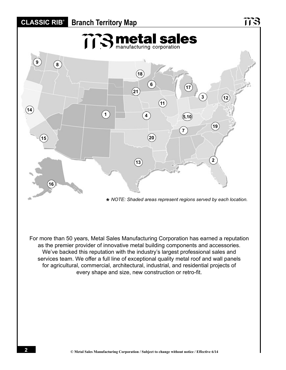 Branch territory map, Classic rib | Metal Sales Classic Rib Installation User Manual | Page 2 / 37